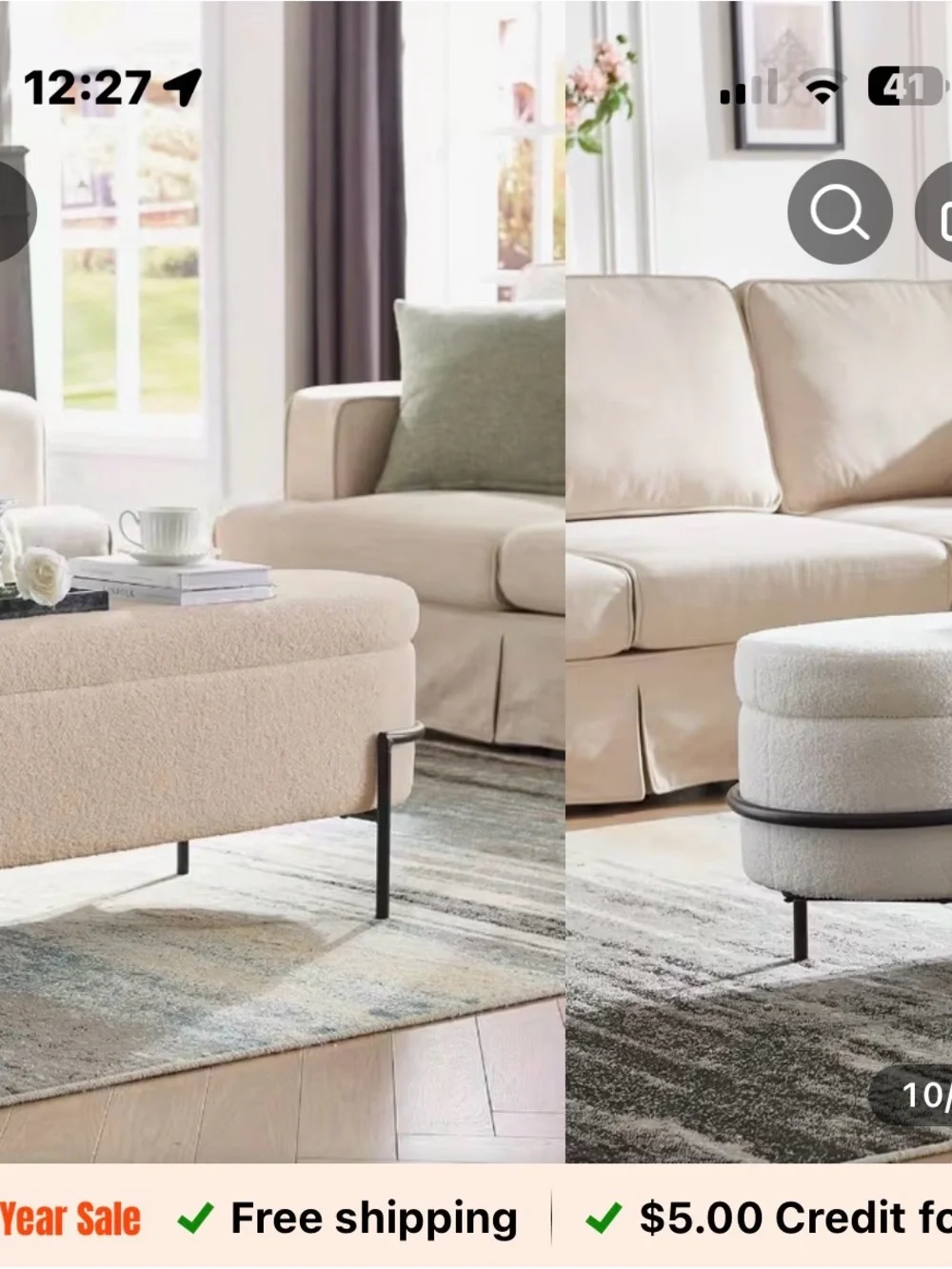 Cream Bouclé Upholstered Bench with Black Metal Base